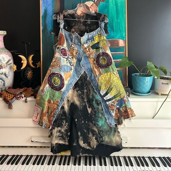 Patchwork Denim Jumper Skirt Upcycled Overall Dress Painted One of a Kind OS - Picture 2 of 16